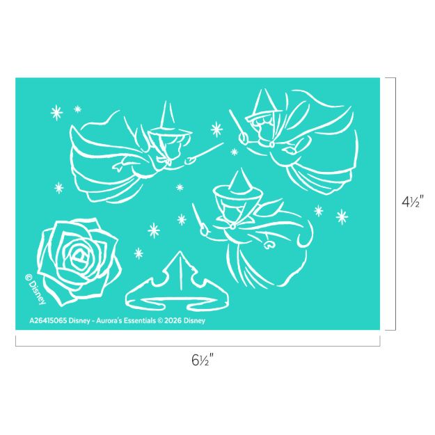 Turquoise stencil featuring outlines of three fairy godmothers, a rose, a crown, and several stars. Dimensions are 6.5 inches wide by 4.5 inches tall. Disney copyright visible at the bottom left.