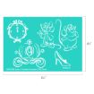 White line drawings on a teal background show a clock, two mice, a pumpkin carriage, and a glass slipper. The image dimensions are 6.5 by 4.5 inches. Disney copyright is noted at the bottom.