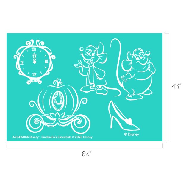 White line drawings on a teal background show a clock, two mice, a pumpkin carriage, and a glass slipper. The image dimensions are 6.5 by 4.5 inches. Disney copyright is noted at the bottom.