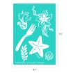 Teal stencil sheet featuring white outlines of a sea horse, a flower, a fork, a starfish, a shell, and a leafy plant. Dimensions are 6.5 inches by 4.5 inches. Disney © 2026 branding at the bottom.