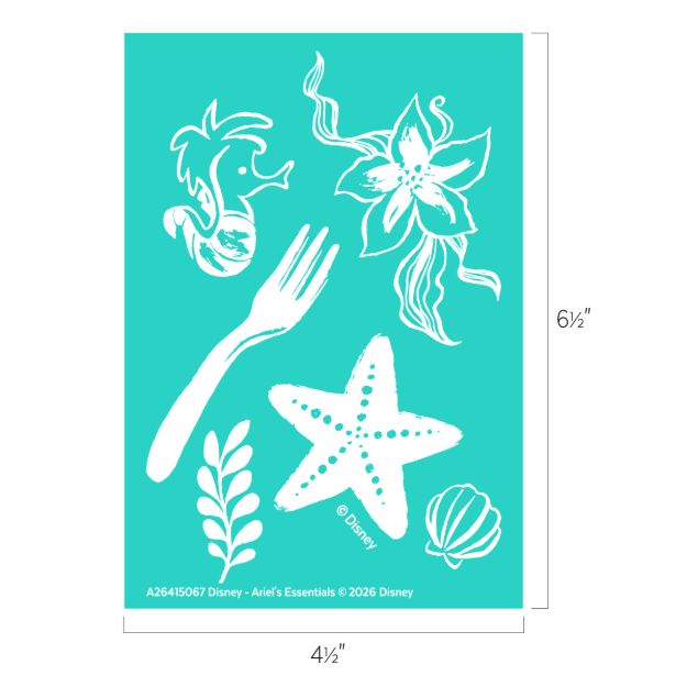 Teal stencil sheet featuring white outlines of a sea horse, a flower, a fork, a starfish, a shell, and a leafy plant. Dimensions are 6.5 inches by 4.5 inches. Disney © 2026 branding at the bottom.