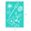 A teal stencil sheet featuring white outlines of a pig, a rooster, a paddle, two tropical flowers, and a spiral. Dimensions are 6.5 inches tall by 4.5 inches wide. Disney copyright noted at the bottom.