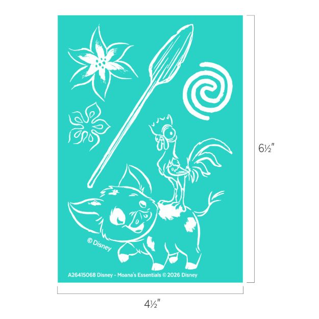 A teal stencil sheet featuring white outlines of a pig, a rooster, a paddle, two tropical flowers, and a spiral. Dimensions are 6.5 inches tall by 4.5 inches wide. Disney copyright noted at the bottom.