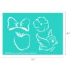A turquoise stencil featuring white outlines of a bow, a flower, an apple, and a flying bird. Dimensions are 6½ inches wide by 4½ inches tall. Disney copyright text is at the bottom left.