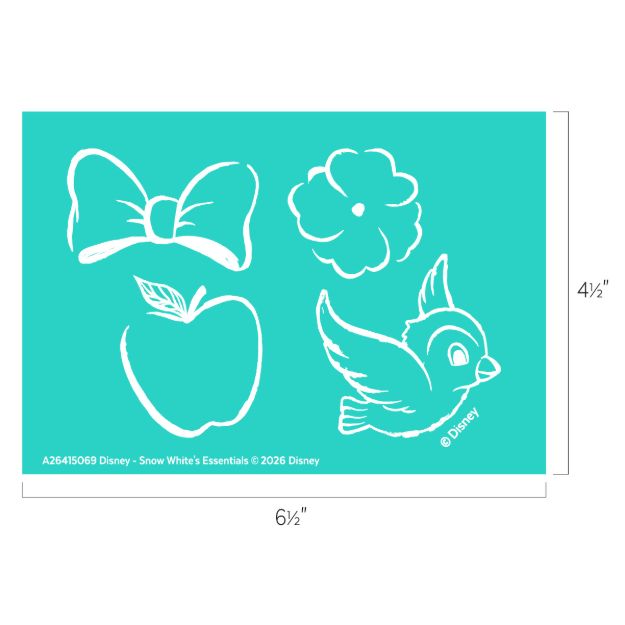 A turquoise stencil featuring white outlines of a bow, a flower, an apple, and a flying bird. Dimensions are 6½ inches wide by 4½ inches tall. Disney copyright text is at the bottom left.