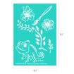 A turquoise stencil sheet featuring outlines of a chameleon, two flowers, leafy branches, and a paintbrush. The dimensions are 6.5 inches tall by 4.5 inches wide.