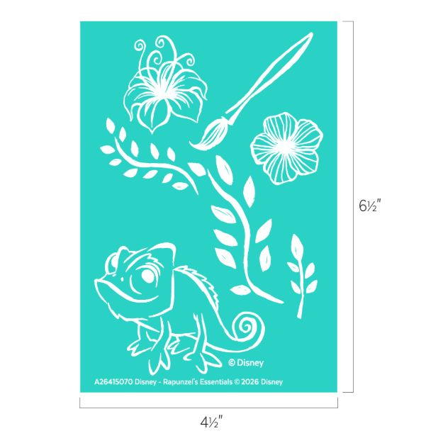 A turquoise stencil sheet featuring outlines of a chameleon, two flowers, leafy branches, and a paintbrush. The dimensions are 6.5 inches tall by 4.5 inches wide.