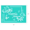 Turquoise card with white floral designs, two birds, butterflies, and the words “happily, forever” in script at the center. Disney copyright text appears along the right side. Dimensions: 6 1/2 by 4 1/2 inches.