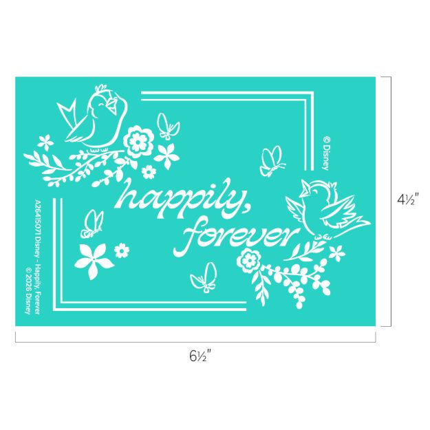 Turquoise card with white floral designs, two birds, butterflies, and the words “happily, forever” in script at the center. Disney copyright text appears along the right side. Dimensions: 6 1/2 by 4 1/2 inches.