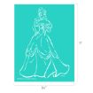 White line drawing of a princess in a ball gown holding a rose, set against a teal background. The image measures 8.5 inches wide by 11 inches tall.