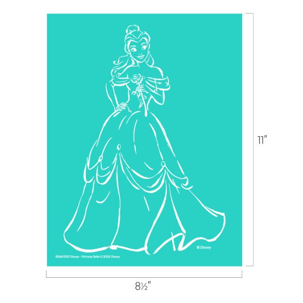 White line drawing of a princess in a ball gown holding a rose, set against a teal background. The image measures 8.5 inches wide by 11 inches tall.