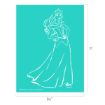 A white outline drawing of Disney’s Princess Aurora in a long gown, standing with one hand on her hip, on a teal background. The image measures 11 inches tall by 8.5 inches wide.