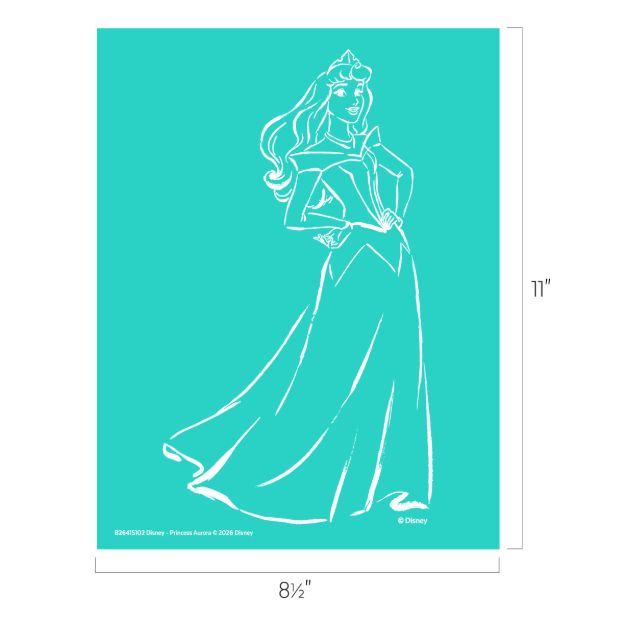 A white outline drawing of Disney’s Princess Aurora in a long gown, standing with one hand on her hip, on a teal background. The image measures 11 inches tall by 8.5 inches wide.