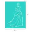 White outline drawing of a princess in a ball gown on a turquoise background. The image measures 11 inches tall by 8.5 inches wide. The princess has her hair in a bun and is wearing gloves.
