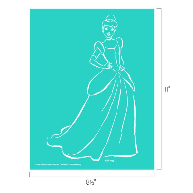 White outline drawing of a princess in a ball gown on a turquoise background. The image measures 11 inches tall by 8.5 inches wide. The princess has her hair in a bun and is wearing gloves.