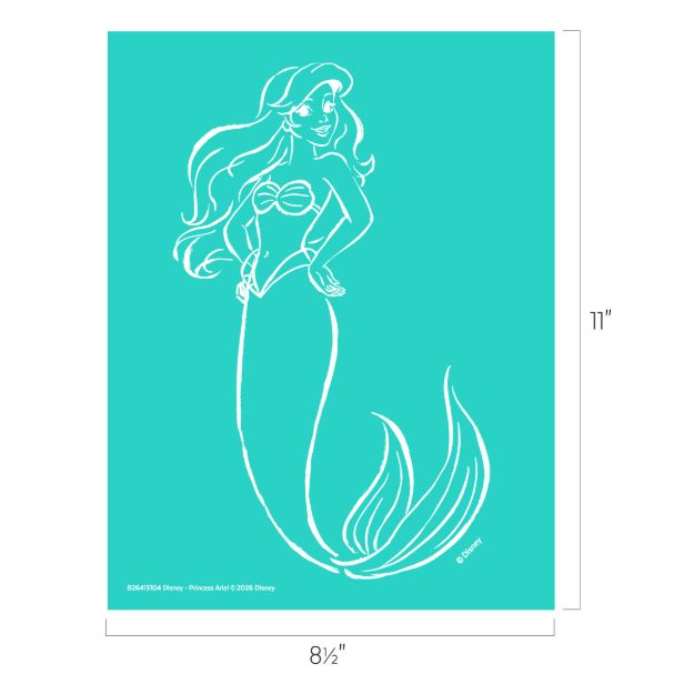 A white outline drawing of Ariel, the mermaid from Disney’s "The Little Mermaid," is shown on a turquoise background. Ariel has long hair and a mermaid tail. The image is 11 inches tall and 8.5 inches wide.