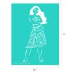White line illustration of Moana, a Disney character, with long hair and crossed arms, wearing a patterned skirt and top, against a teal background. Dimensions shown are 11 inches tall by 8.5 inches wide.