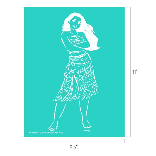 White line illustration of Moana, a Disney character, with long hair and crossed arms, wearing a patterned skirt and top, against a teal background. Dimensions shown are 11 inches tall by 8.5 inches wide.