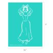 White outline illustration of a smiling woman in a dress with puffed sleeves, hands raised to her head, on a teal background. The image dimensions are 8.5 inches wide by 11 inches tall.