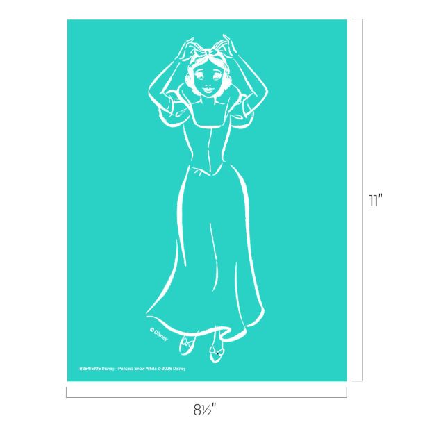 White outline illustration of a smiling woman in a dress with puffed sleeves, hands raised to her head, on a teal background. The image dimensions are 8.5 inches wide by 11 inches tall.
