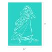 White outline drawing of a long-haired princess standing confidently with hands on hips, wearing a flowing dress, on a teal background. Dimensions are 8.5 inches wide by 11 inches tall.