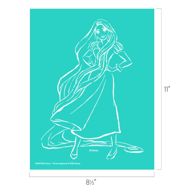 White outline drawing of a long-haired princess standing confidently with hands on hips, wearing a flowing dress, on a teal background. Dimensions are 8.5 inches wide by 11 inches tall.