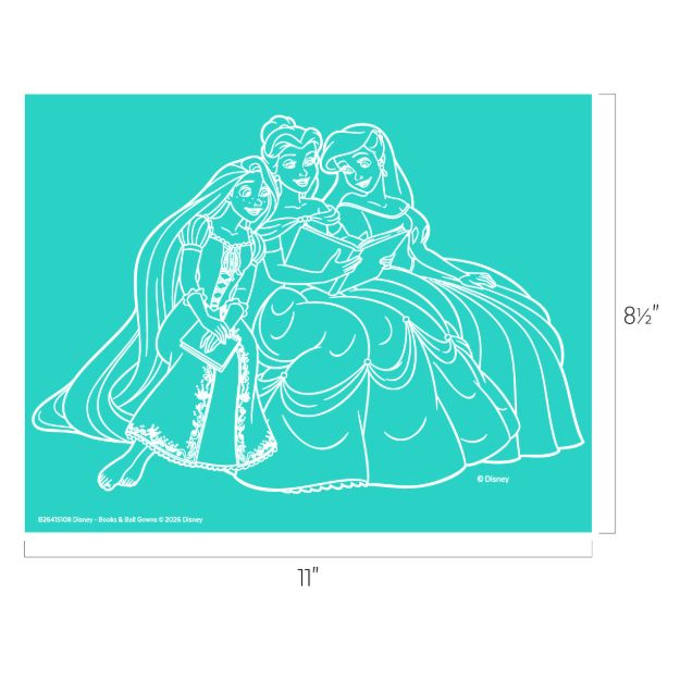 Line drawing of three Disney princesses sitting together, reading a book and smiling, on a teal background. The image dimensions are 11 inches wide by 8.5 inches tall.