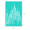 A white line drawing of a fairytale-style castle with many towers and spires is centered on a turquoise background. The image is vertically oriented, measuring 18 inches tall by 12 inches wide.