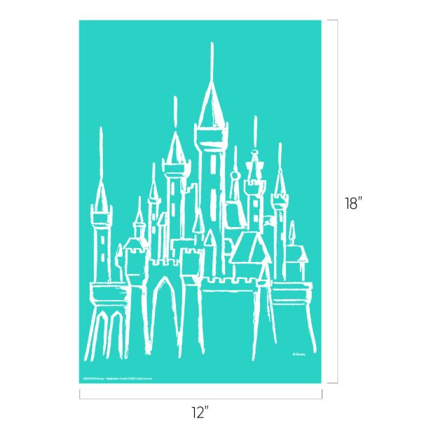 A white line drawing of a fairytale-style castle with many towers and spires is centered on a turquoise background. The image is vertically oriented, measuring 18 inches tall by 12 inches wide.