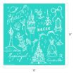 Turquoise square featuring white line art of Disney princess icons: castles, clock tower, candelabra, roses, mirror, ribbon, dresses, and the names Ariel, Belle, Rapunzel, and Cinderella. Image size is 18 by 18 inches.
