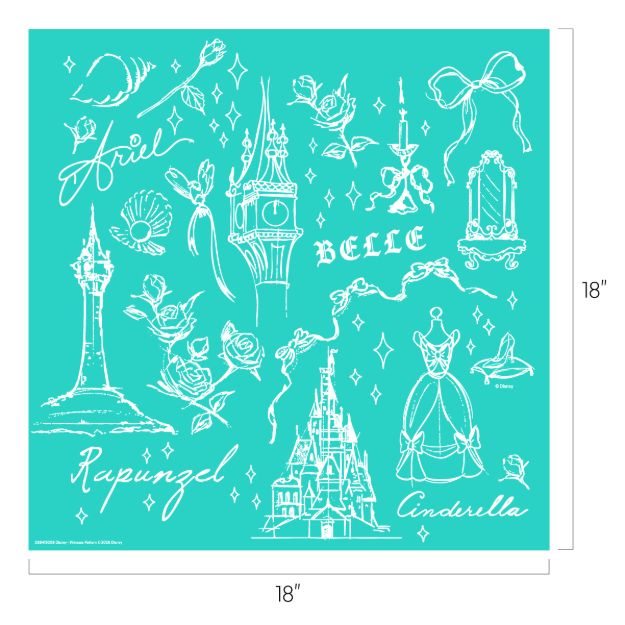 Turquoise square featuring white line art of Disney princess icons: castles, clock tower, candelabra, roses, mirror, ribbon, dresses, and the names Ariel, Belle, Rapunzel, and Cinderella. Image size is 18 by 18 inches.
