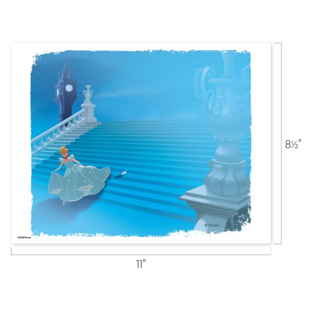 Illustration of Cinderella running down a grand blue staircase at midnight, leaving behind a glass slipper. A clock tower in the background shows the time near midnight. Image size is 11 by 8.5 inches.