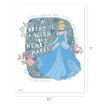 Illustration of Cinderella in a blue gown surrounded by flowers. Behind her, text reads "A dream is a wish your heart makes," with "Bibbidi Bobbidi Boo..." repeated along the top border. Disney copyright at the bottom.