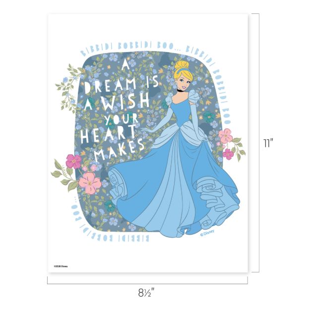 Illustration of Cinderella in a blue gown surrounded by flowers. Behind her, text reads "A dream is a wish your heart makes," with "Bibbidi Bobbidi Boo..." repeated along the top border. Disney copyright at the bottom.