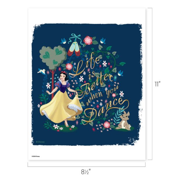 Illustration of Snow White dancing in a garden with flowers, a rabbit, a bird, ballet shoes, and the words "Life is Better when you Dance" in decorative script on a dark blue background.