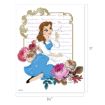 Illustration of Belle from Disney’s “Beauty and the Beast” sitting among colorful flowers, wearing a blue dress and white apron, with an ornate golden frame and script background. Image is 8.5 by 11 inches.