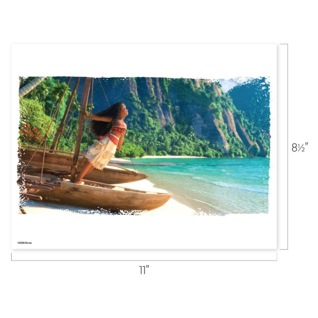 Animated girl standing on a wooden boat on a sandy beach, looking at the ocean with lush green cliffs and turquoise water in the background; print size is 11 by 8.5 inches.