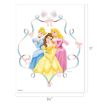Three animated princesses in blue, yellow, and pink dresses stand together, framed by a pastel ribbon with bows and teacups. The image is 8.5 by 11 inches.