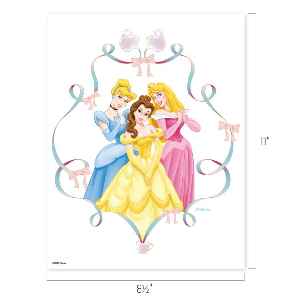 Three animated princesses in blue, yellow, and pink dresses stand together, framed by a pastel ribbon with bows and teacups. The image is 8.5 by 11 inches.