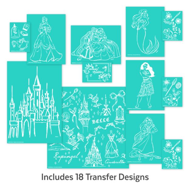 Teal sheets display white line art of Disney princesses, castles, and themed icons. Designs feature characters like Ariel, Rapunzel, Moana, and Cinderella, with decorative flowers and castle elements. Text reads "Includes 18 Transfer Designs.