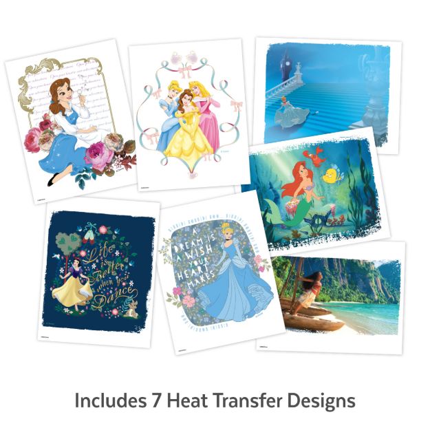 Seven colorful heat transfer designs featuring Disney princesses Belle, Aurora, Cinderella, Ariel, and a tropical scene; each design is styled with vibrant backgrounds and decorative elements. Text below reads: "Includes 7 Heat Transfer Designs.
