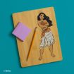 A wooden board with an illustration of Disney’s Moana stands confidently; a pencil and a purple sticky note rest on the board, all set on a blue background.