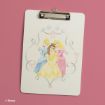 A white clipboard with an illustration of three Disney princesses—Cinderella, Belle, and Aurora—surrounded by pastel ribbons and teapots, set against a pink background.
