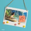 A hanging photo frame with an image of Moana standing on a canoe by the sea, five colorful magnets at the bottom, and a pink sticky note reading “Lunch @ 12:30 :)” on the right side. Disney logo in the bottom left corner.