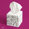A white tissue box with black Disney character line drawings, including fairies, a chameleon, and a broom, sits on a magenta background. A tissue is pulled up from the top.