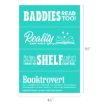A teal graphic with four book-themed quotes: "BADDIES READ TOO!", "Reality can wait," "I have no SHELF control" with books, and "Booktrovert" with a definition of someone who prefers fictional characters.