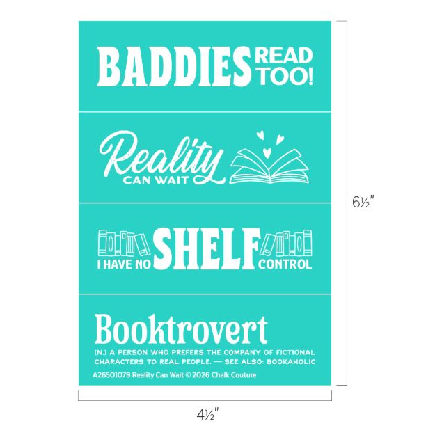 A teal graphic with four book-themed quotes: "BADDIES READ TOO!", "Reality can wait," "I have no SHELF control" with books, and "Booktrovert" with a definition of someone who prefers fictional characters.