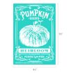 Teal seed packet illustration with a large white heirloom pumpkin and stylized text reading "Pumpkin Seeds," "Heirloom," "Guaranteed Perfect for Pies," and decorative borders. Dimensions: 6½" x 4½".