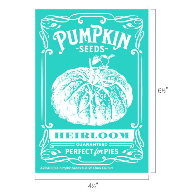 Teal seed packet illustration with a large white heirloom pumpkin and stylized text reading "Pumpkin Seeds," "Heirloom," "Guaranteed Perfect for Pies," and decorative borders. Dimensions: 6½" x 4½".