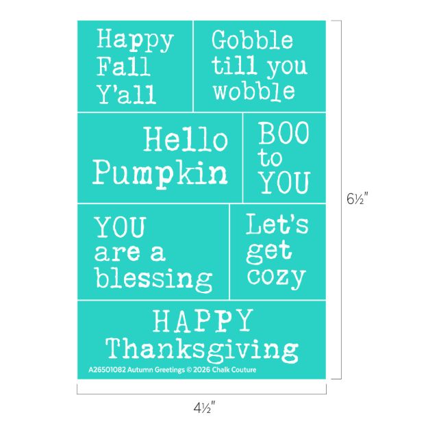 Teal graphic with white autumn-themed phrases: "Happy Fall Y'all," "Gobble till you wobble," "Hello Pumpkin," "BOO to YOU," "YOU are a blessing," "Let's get cozy," and "HAPPY Thanksgiving.